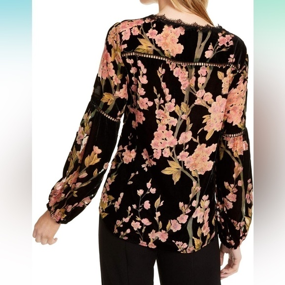 NANETTE LEPORE BLACK VELVET FLORAL BURNOUT LS BLOUSE BELL SLEEVES SIZE XS NWT - Picture 4 of 11